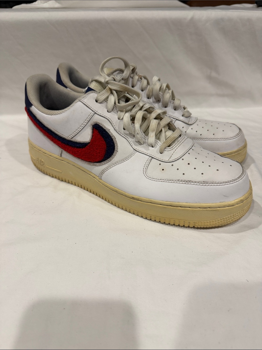 Nike White Leather Athletic Sneakers with Red & Navy Swoosh